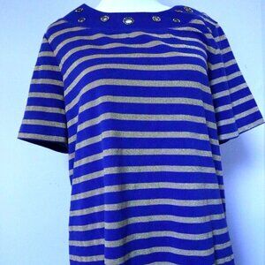 Quacker Factory Women's Blue/Gold Glitter Striped Blouse Size Medium